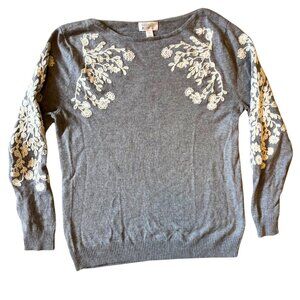 Market & Spruce Gray Floral Embroidered Knit Sweater Small Long Sleeve